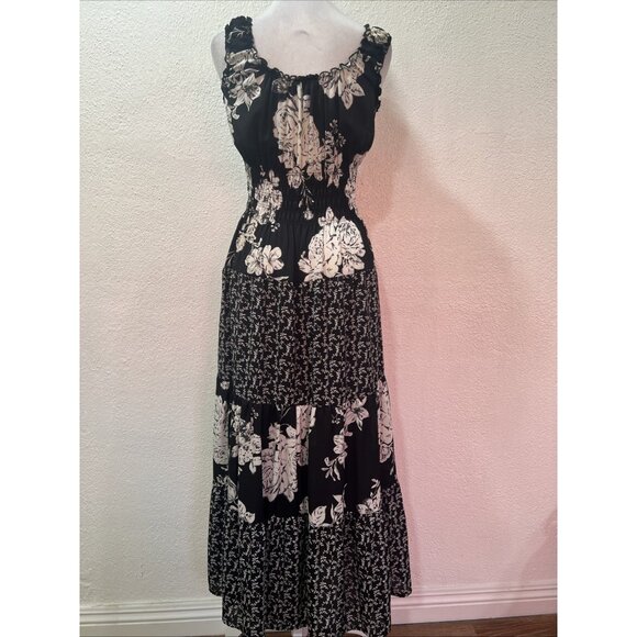 Lapis tiered Y2K maxi Dress S Black White Floral Cottagecore Boho Empire Waist - Picture 9 of 15